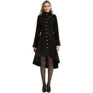 Women Black Trench Coat Goth Lapel Peacoat Wool Winter Thick Hood Pea Jacket